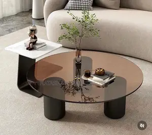 Round Smoked Glass Coffee Table With Cylinder Legs Marble Side Table