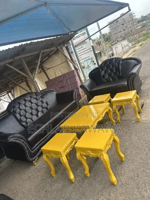 Fabric Sofa Set and Crafted Center Table and Stool