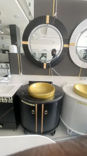 Modern Bathroom Cabinet Set With Gold Wash Basin Round Mirror
