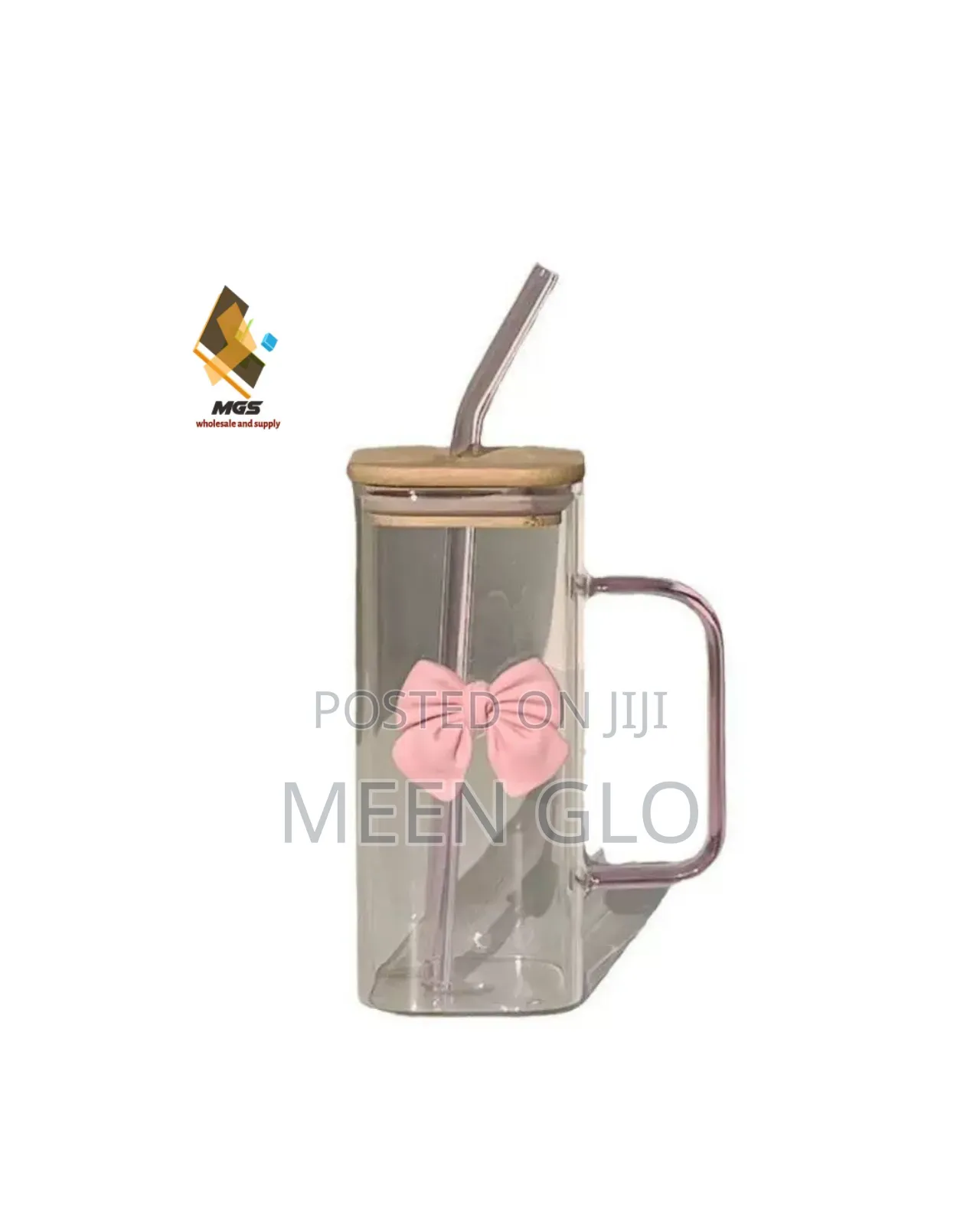 Pink Bow Square Glass Cup
