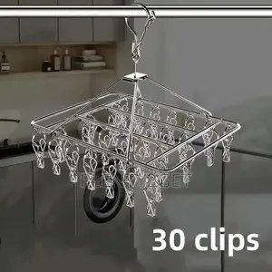 Stainless Steel Drying Rack With 30 Clips - A Windproof Hanging Organi