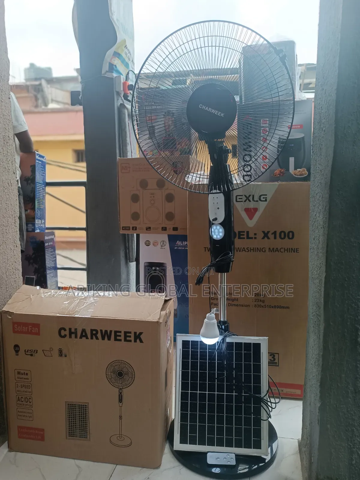 Charweek Rechargable Standing Fan With Remote , Bulb and Panel.