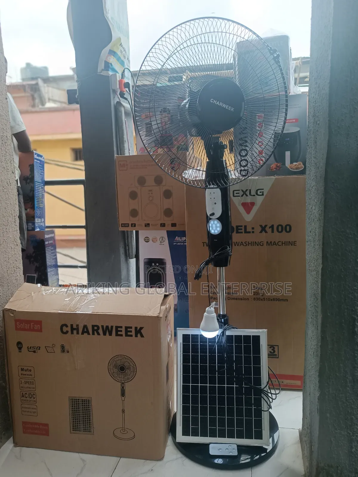 Charweek Rechargable Standing Fan With Remote , Bulb and Panel.