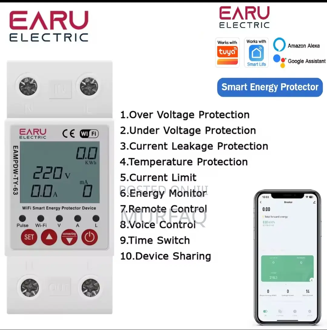 63a Tuya Wifi Smart Voltage Protector With Prepaid Meter Token