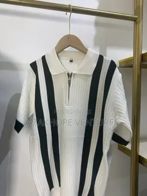 Black White Vertical Striped Knit Polo Shirt (Quarter-Zip Collar)