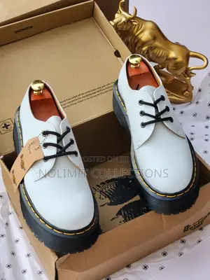White Dr Martens Leather Shoes With Black Sole