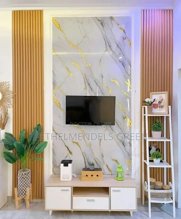 Modern WPC Wall Panel With Marble Sheet Tv Feature Design don siyarwa ...