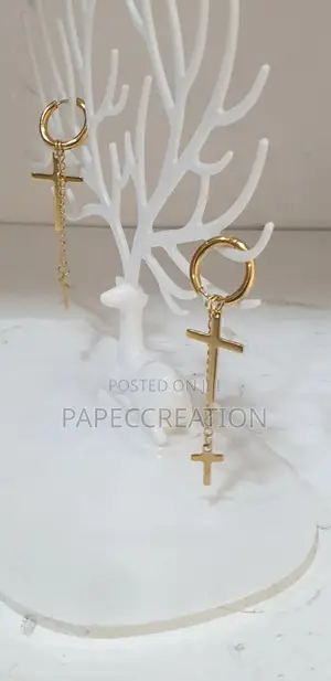 Cross Earring Gold-Toned Stainless Steel Cross Dangle Hoop Earrings.
