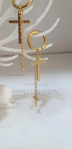 Cross Earring Gold-Toned Stainless Steel Cross Dangle Hoop Earrings.