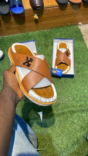 Premium Men's Tan Leather Cross-Strap Slides