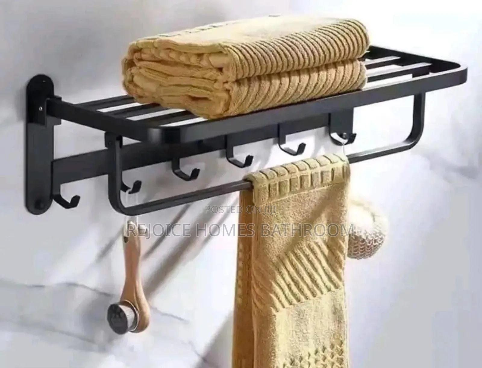 Matte Black Double Layer Bathroom Towel Rack With Hooks
