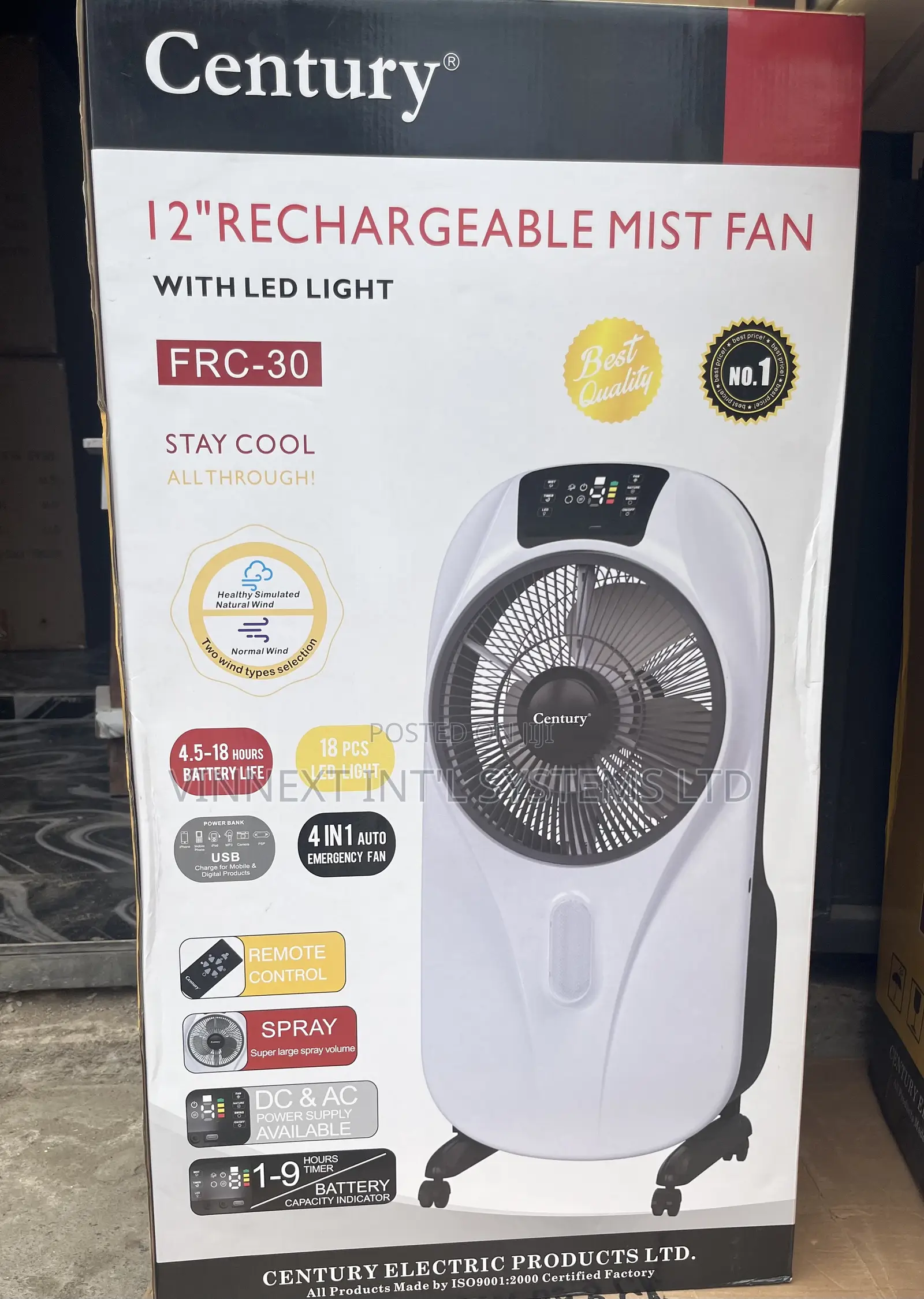 Century 12" Rechargeable Mist Fan With Led Light