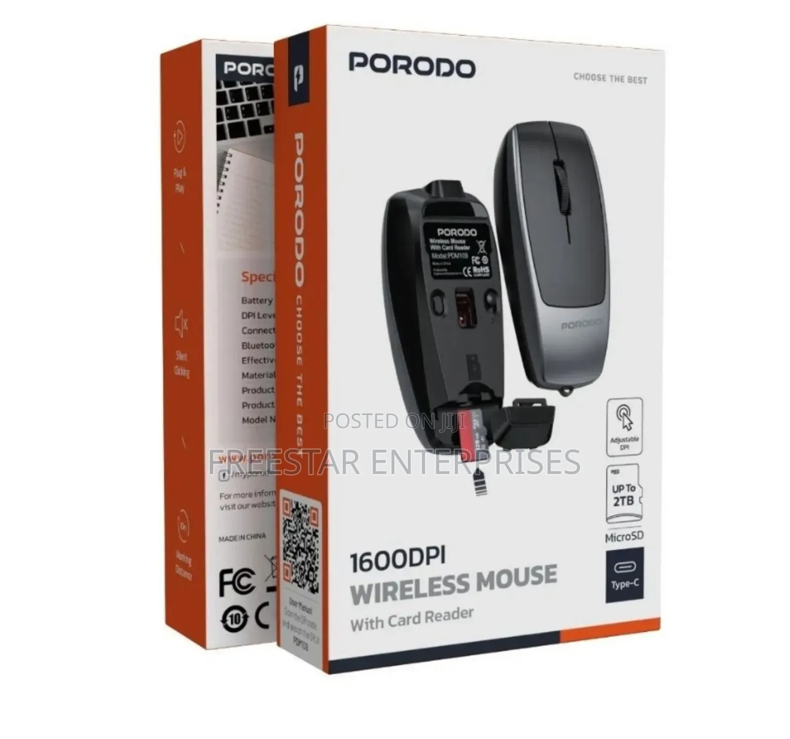 Porodo 1600dpi Wireless Mouse With Card Reader.