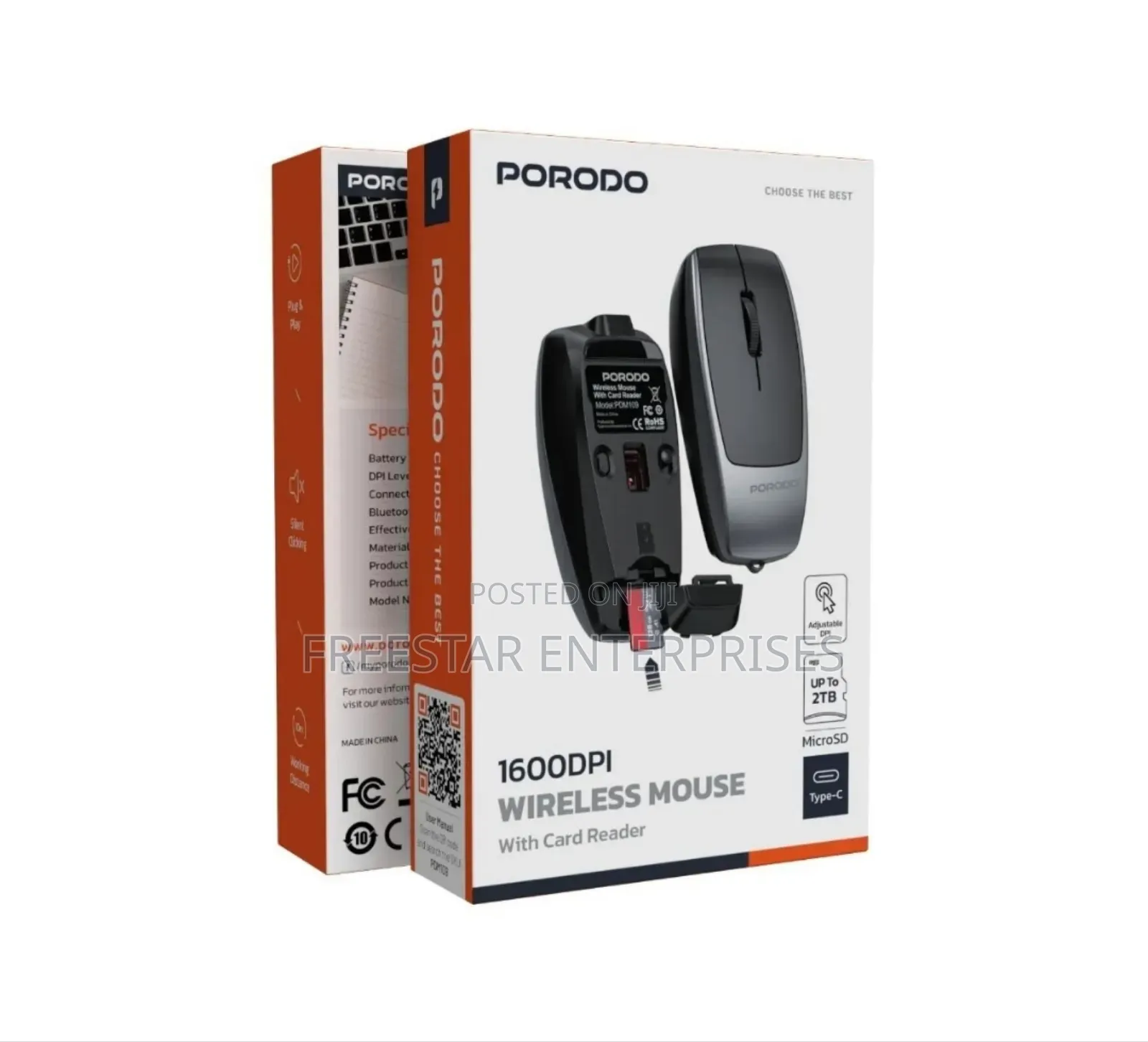 Porodo 1600dpi Wireless Mouse With Card Reader.