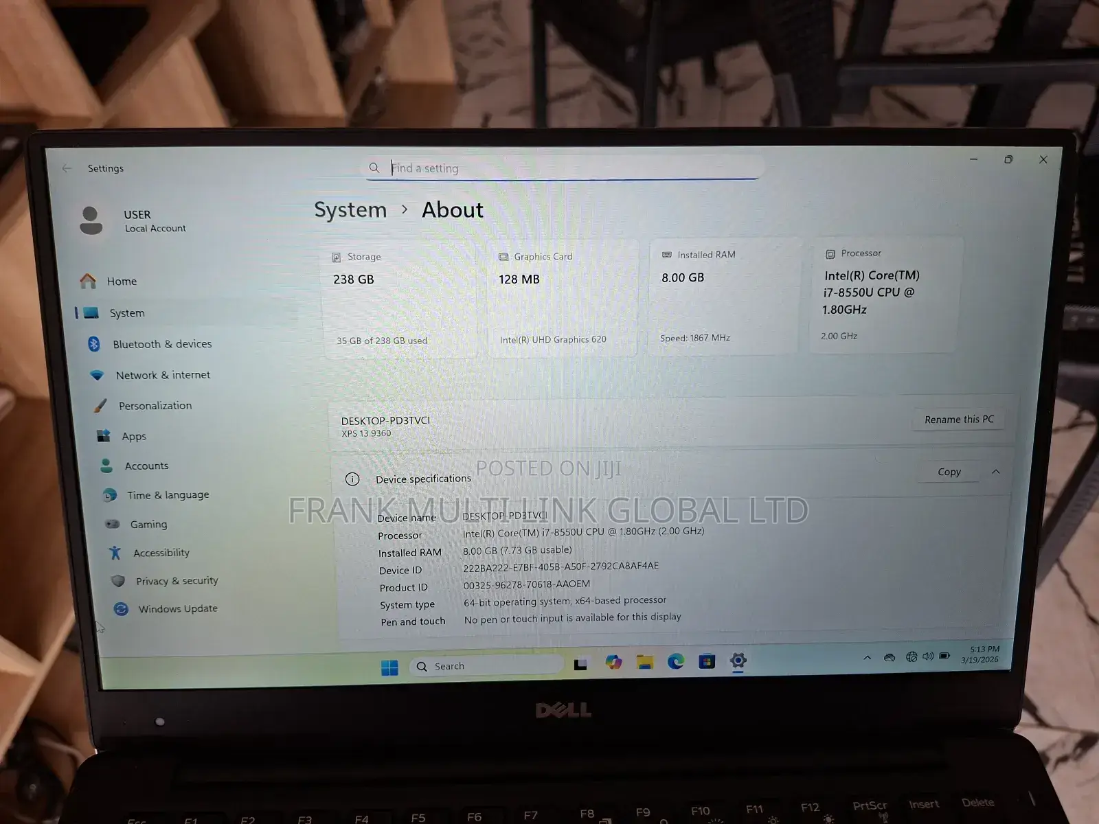 Laptop Dell XPS 13 (9360) 8GB Intel Core i7 SSD 256GB