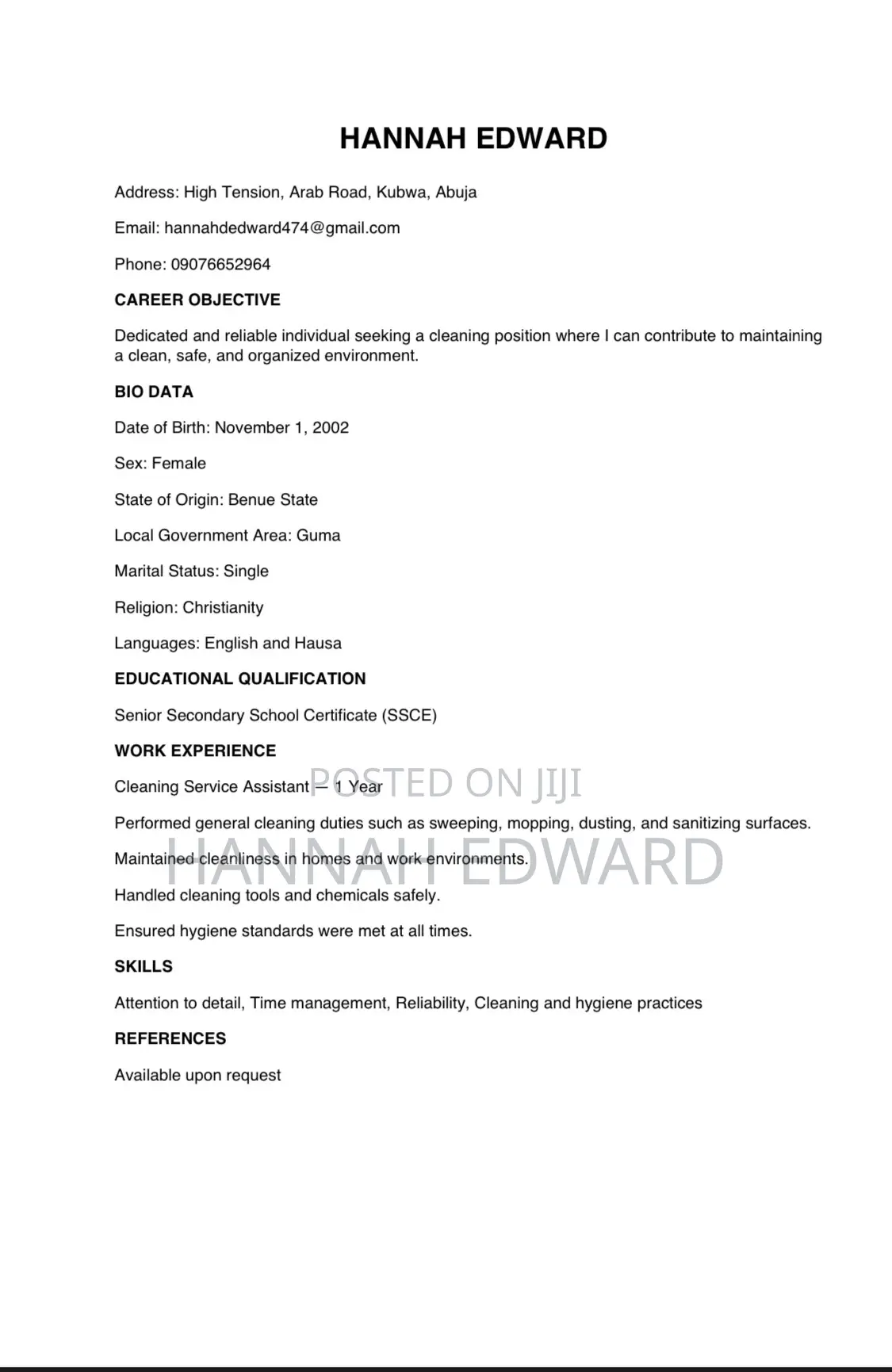 Housekeeping Cleaning CV