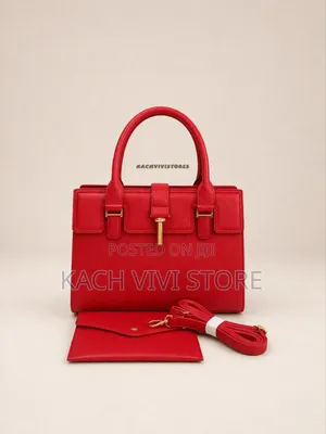 Red Top Handle Leather Handbag With Pouch and Matching Assessories