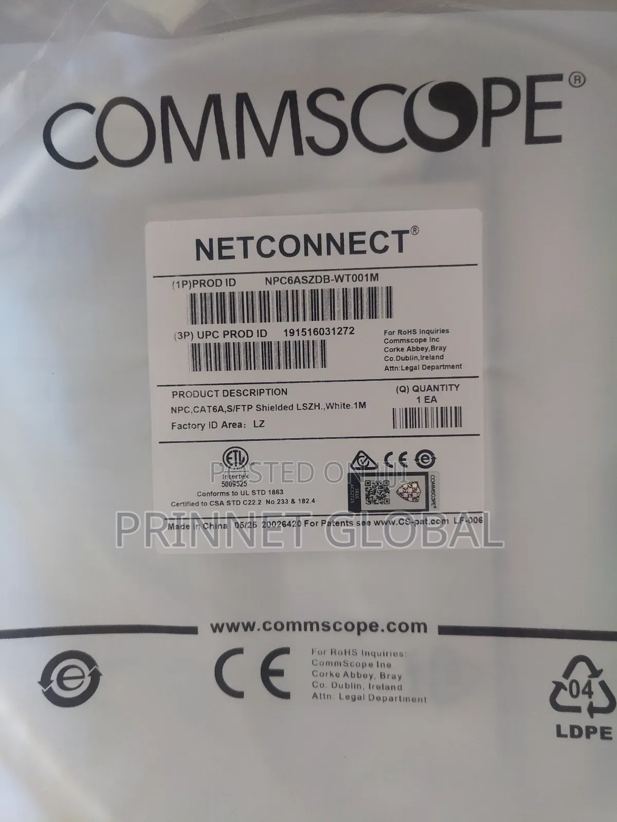 1m Cat6a Commscope S/FTP Shielded White Patch Cord Netconnet