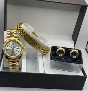 Men Wristwatch With Bracelet and Cufflinks Combo