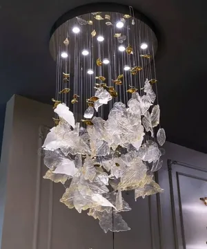 Modern Led Luxury Cascading Glass Leaf Chandelier (Gold Clear Glass)