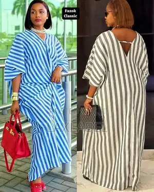 Trendy Striped Silk Bubu Dress - V-Back Maxi Kaftan