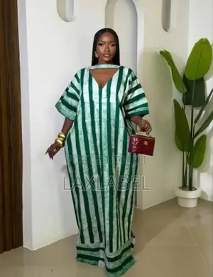 Trendy Striped Silk Bubu Dress - V-Back Maxi Kaftan