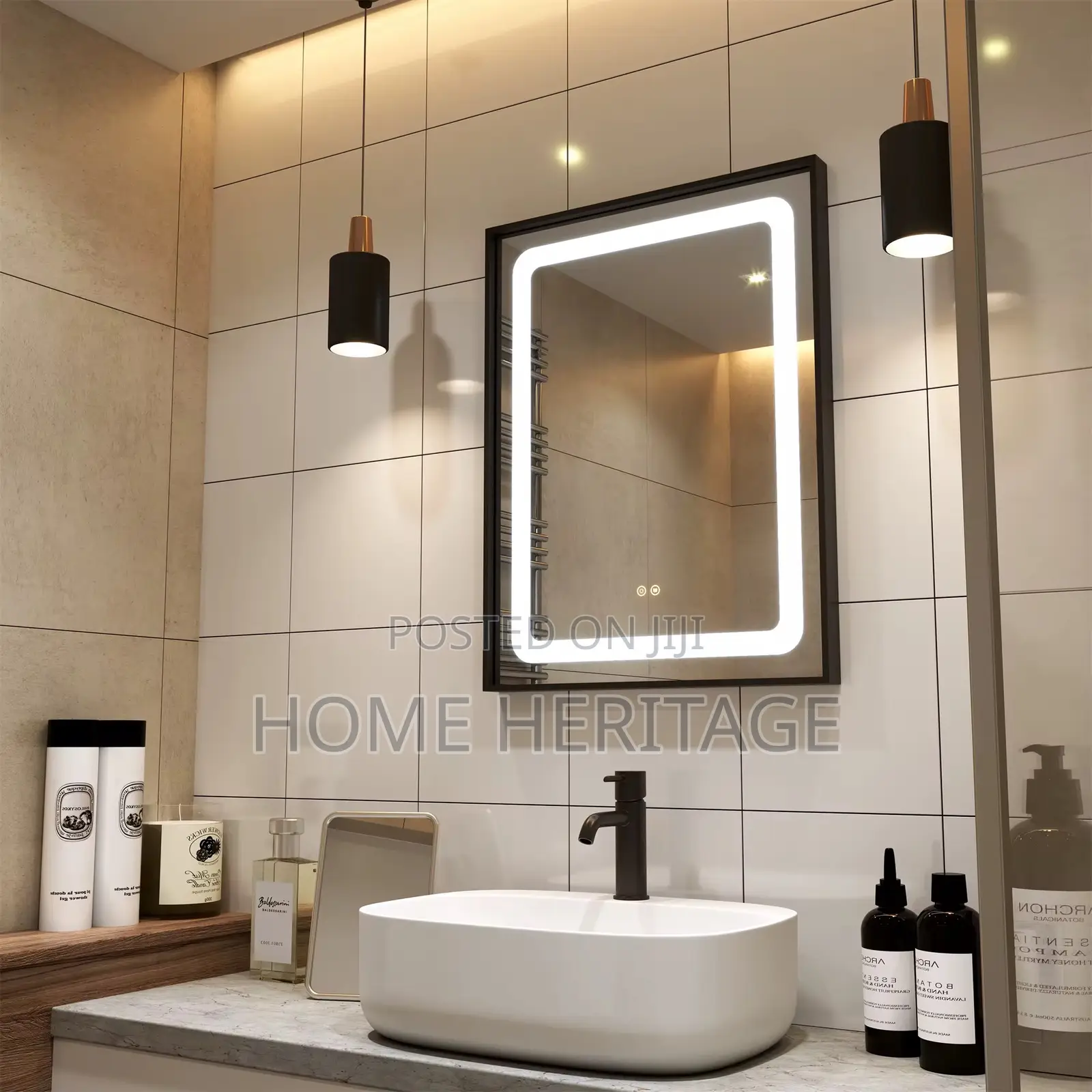 Square Black Frame Led Mirror With 3 Light