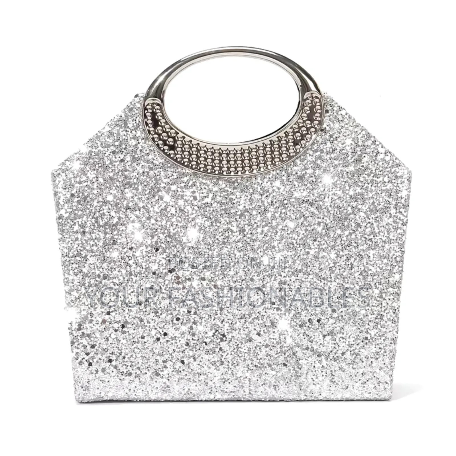 Glittery Round Handle Silver Clutch Purse