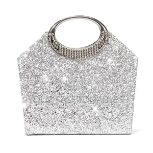 Glittery Round Handle Silver Clutch Purse