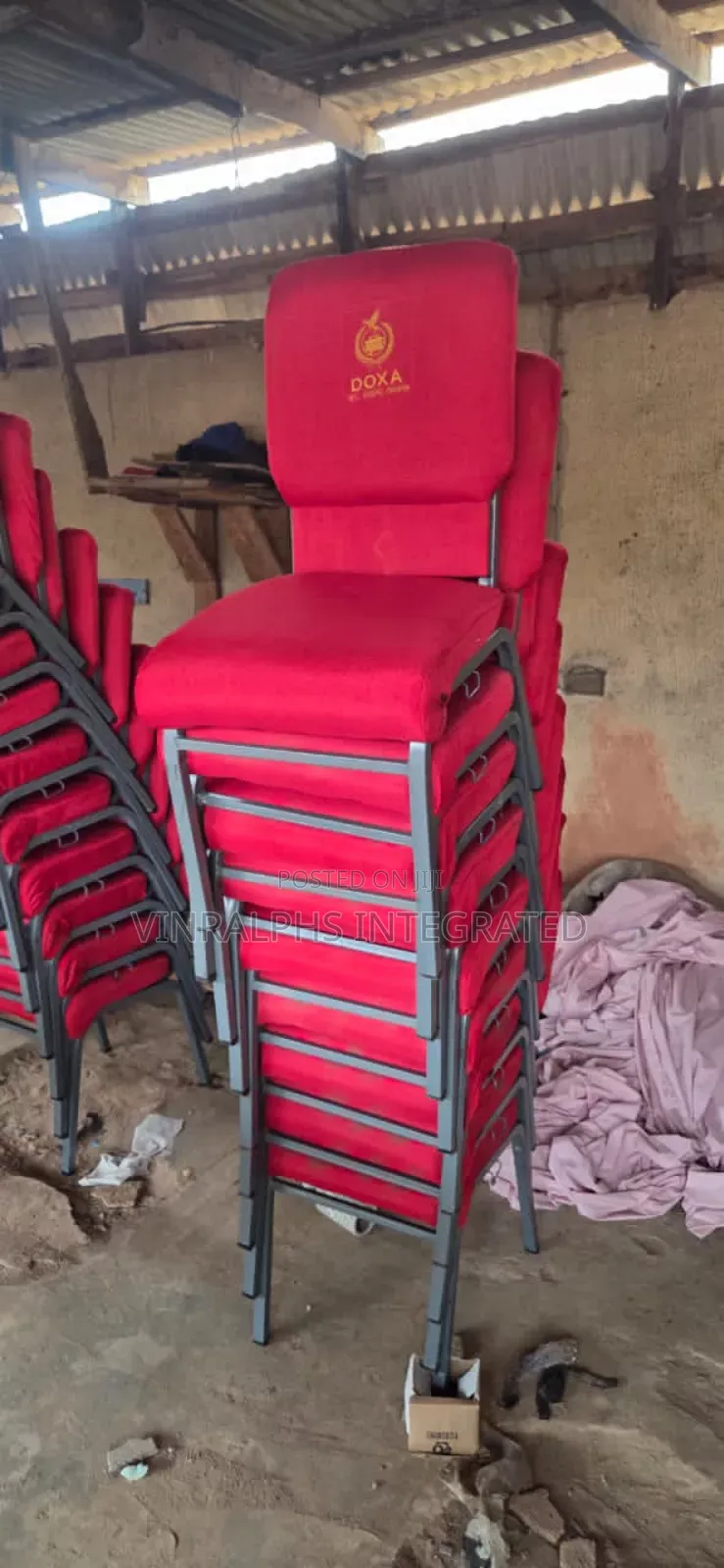 Plain Red Medium Size Church Chair With Grey Frame and Logo