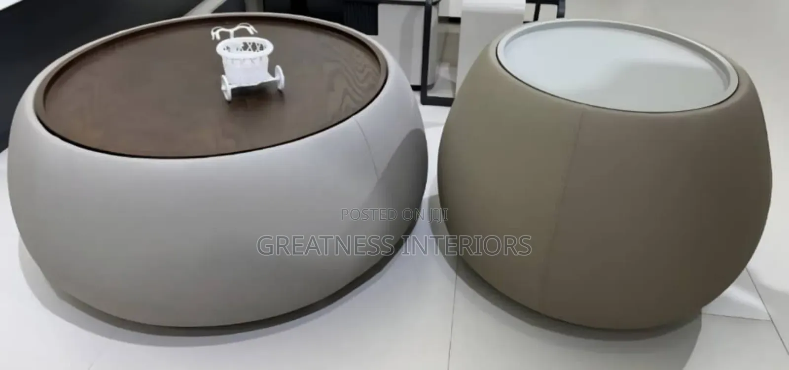 Modern Round Coffee Table Ottoman Set -Beige Brown