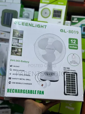 Gleenlight Gl-8019 12-Inch Solar Rechargeable Fan.