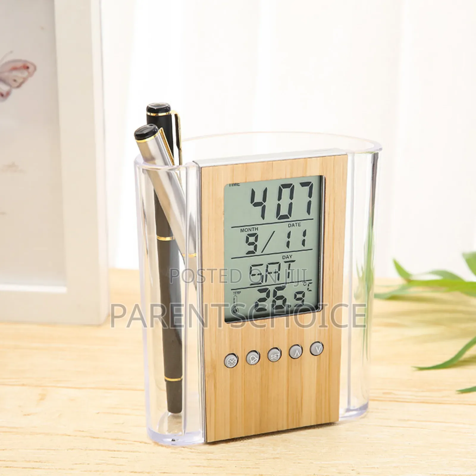 Desktop Digital Alarm Clock-Wooden Pen Stand With Clock