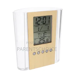 Desktop Digital Alarm Clock-Wooden Pen Stand With Clock