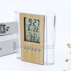 Desktop Digital Alarm Clock-Wooden Pen Stand With Clock