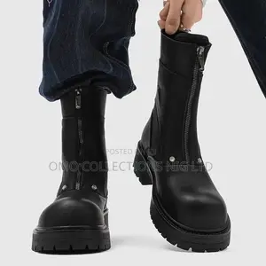Luxury Men Modern Black Leather Boots With Zipper Detail- Fully Boxed