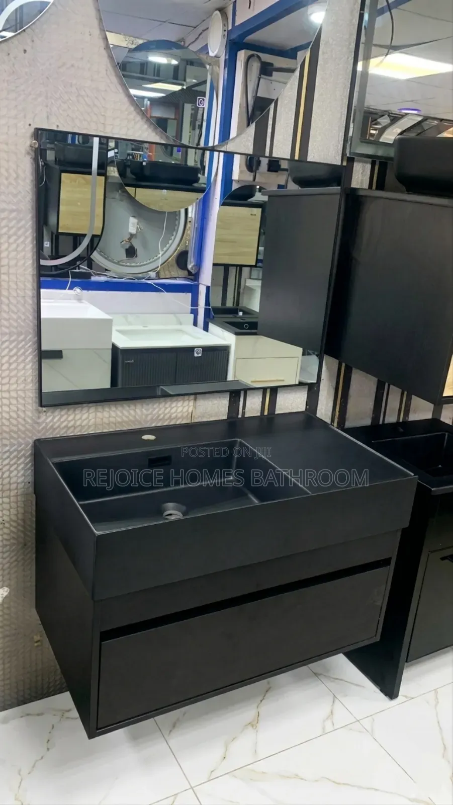 Modern All-Black Floating Bathroom Vanity With Rectangular Mirror