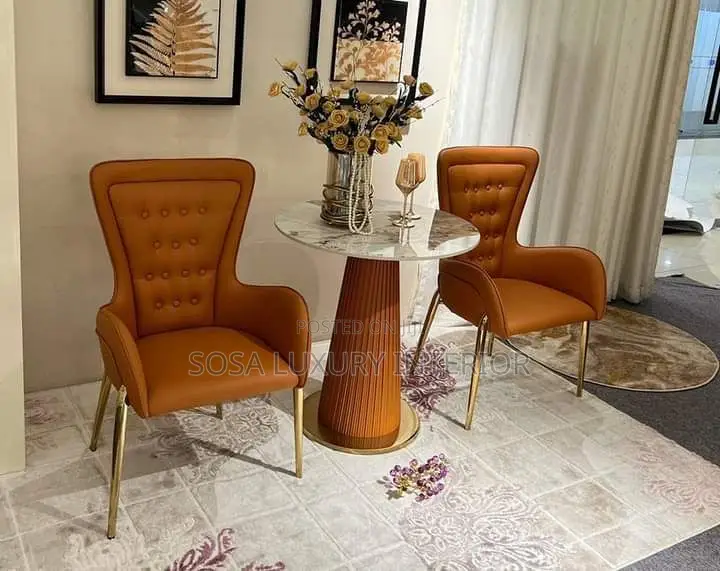 Brand New Brown Tufted Wingback Chairs With Side Table