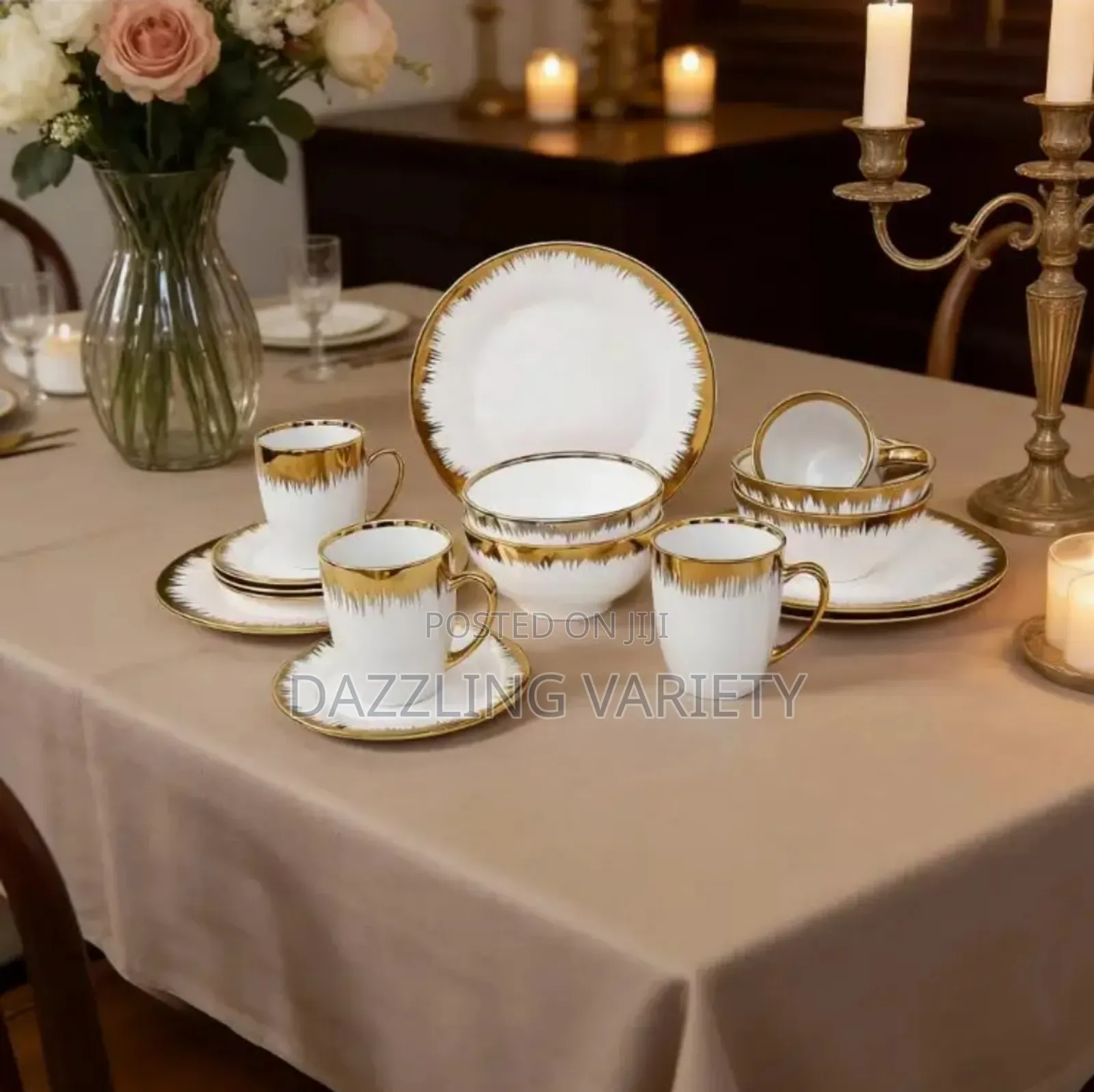 16pcs Luxury Fine Ceramic Dinner Set - White and Gold Rim
