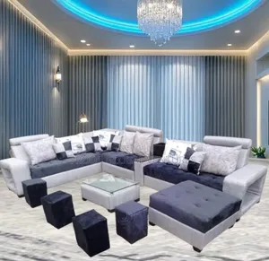 Set of 9 Seaters U-Shape Sofa Chairs With Table, Stools. Fabric Couch