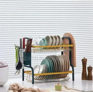2 Steps Dish/Plate Drainer Rack - Green and Gold Colour