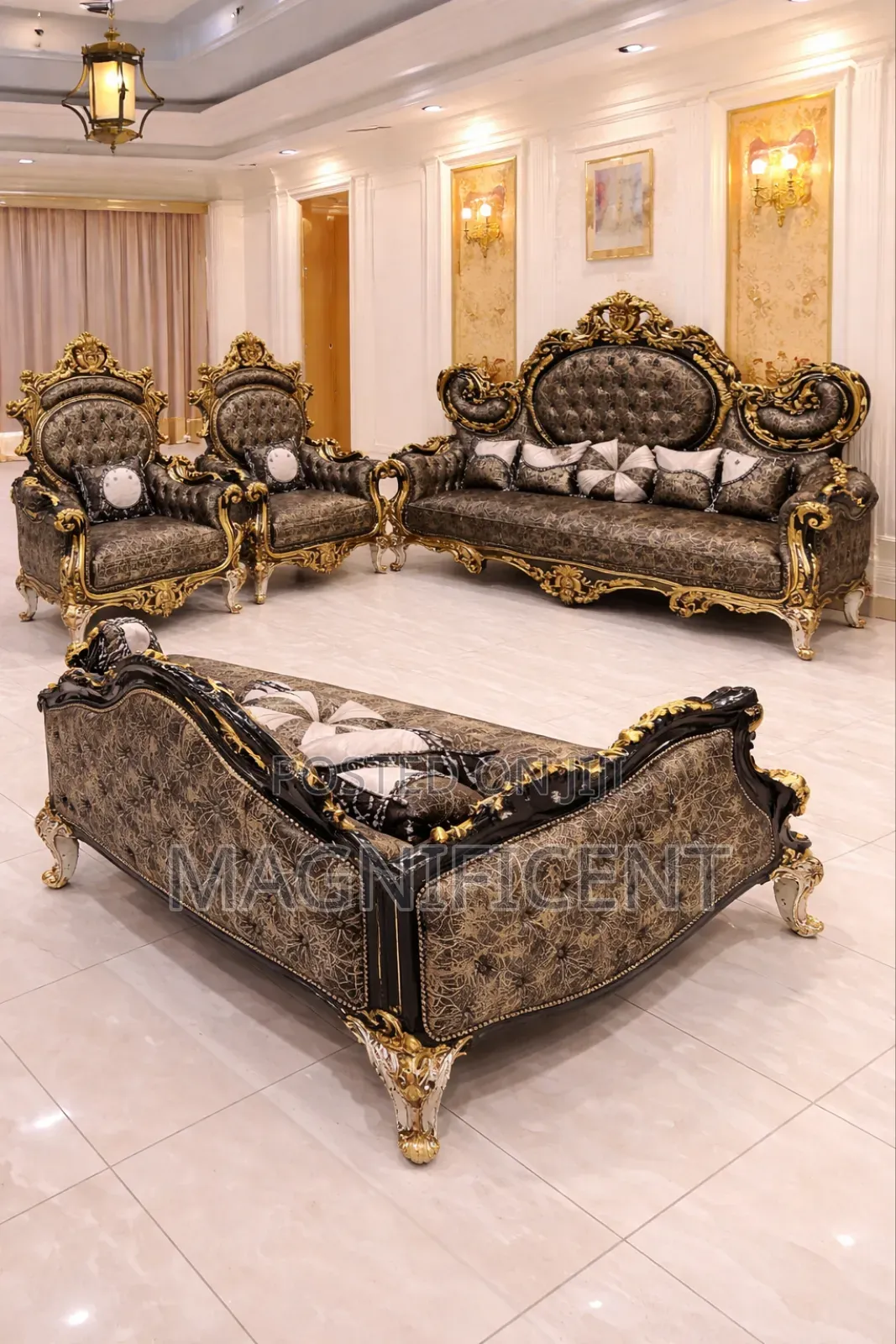 Premium Royal Luxury Sofa Set – Classic Black Gold Palace Design