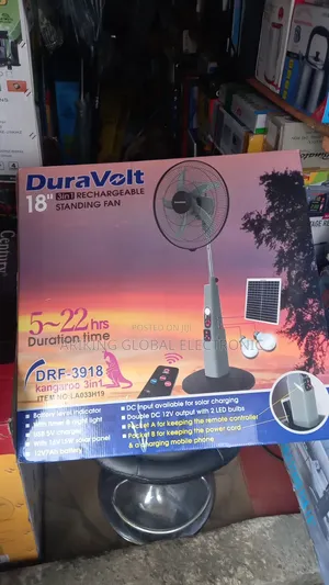 Duravoit Rechargeable Fan 18inch With Solar Panel and Big Battery 12v7