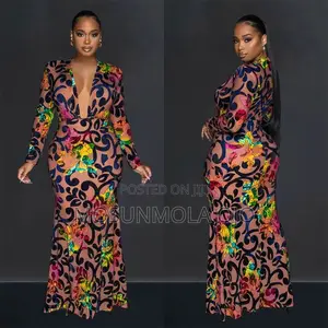 New Sexy Deep v Neck High Stretch Print Bodycon Long Sleeve Prom Dress