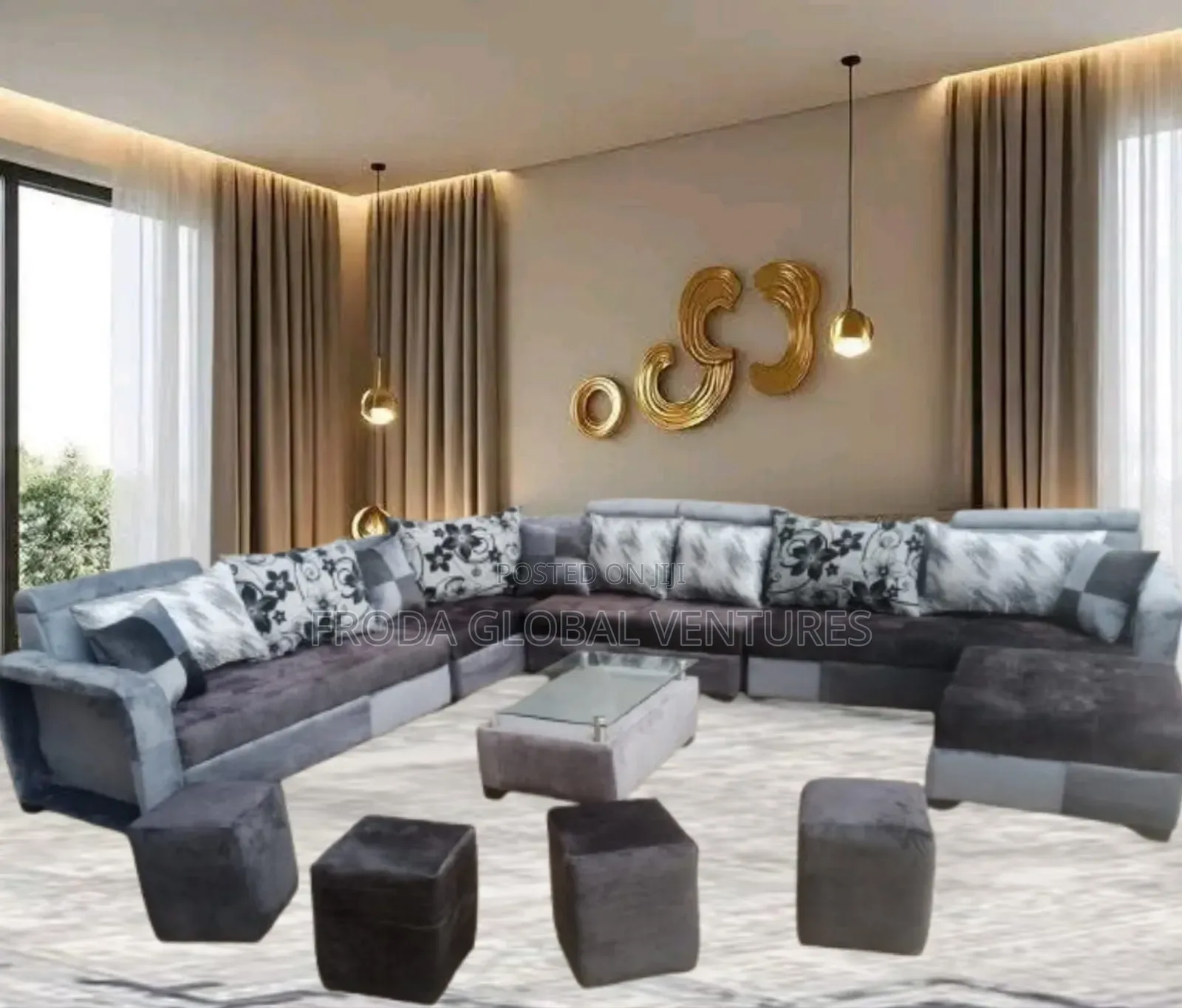 9 Seaters U-Shape Sofa Chairs With Table and Side Stools. Fabric Couch