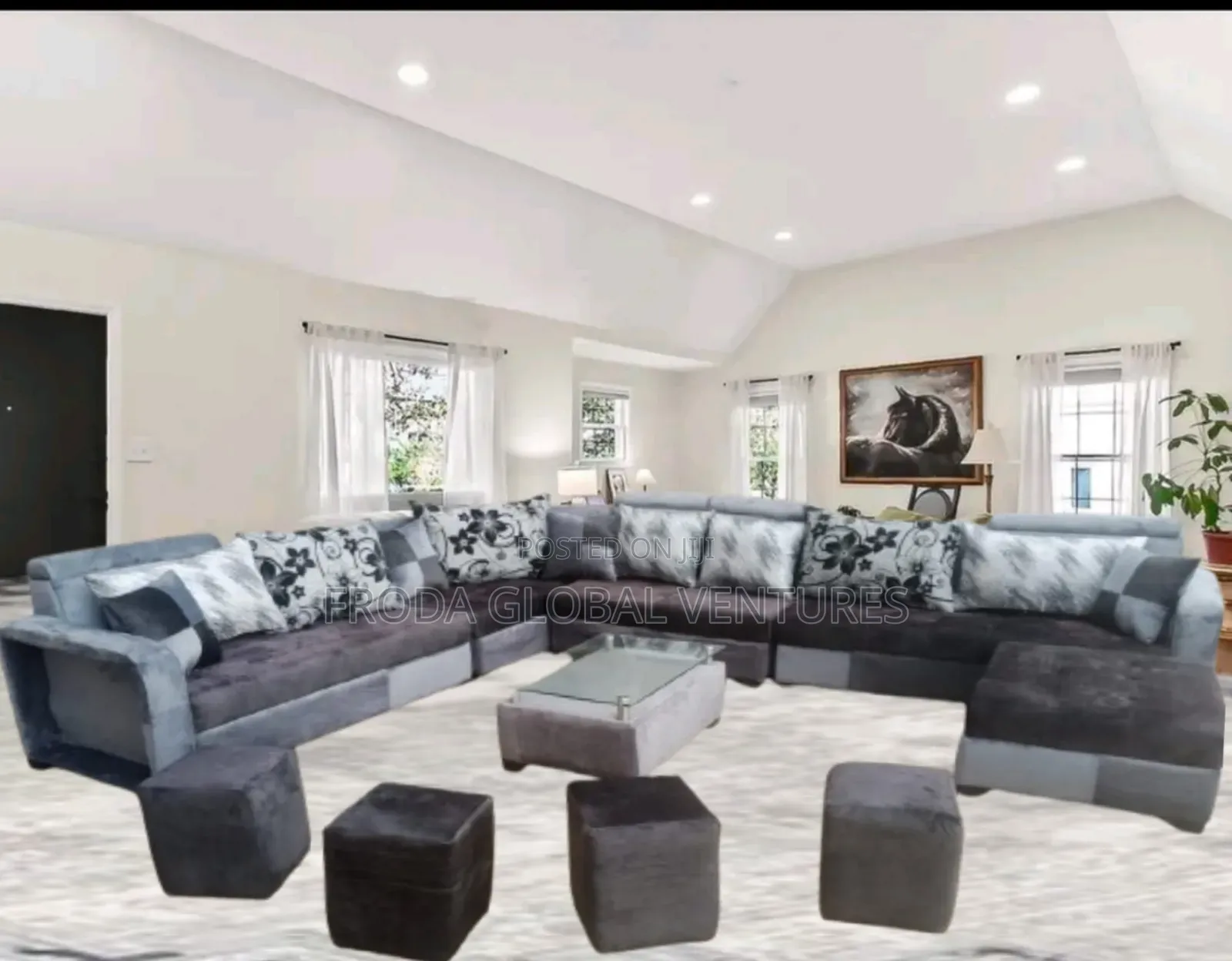 9 Seaters U-Shape Sofa Chairs With Table and Stools. Fabric Couch