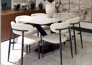 Rectangular White Marble Top Dining Set With Sleek Black Legs,