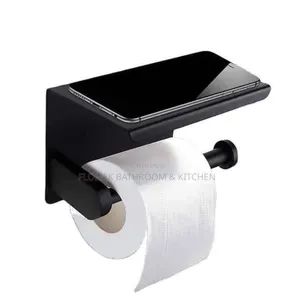 Luxury Black Toilet Roll Holder With Phone Shelf | Wall Mounted