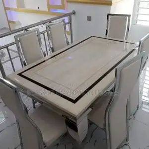 Luxury White Black Patterned Marble Dinning Table With Six Chairs