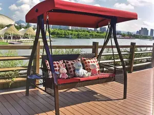 Outdoor 3 Seater Wicker Swing With Canopy Red Cushions